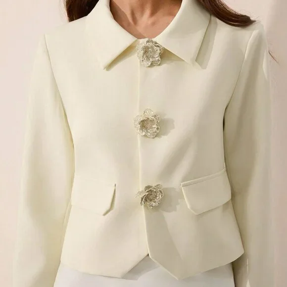 Yellow Elegant Women's Formal Blazer with Ornate Floral Details - Picture 3 of 7